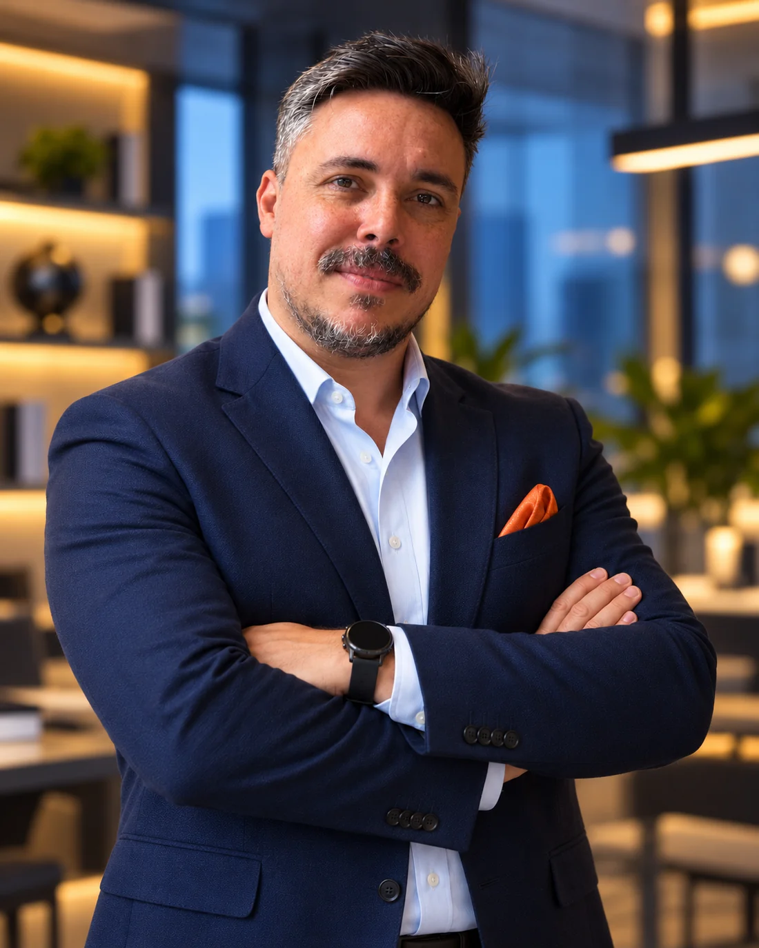 Rodrigo Bianco de braços cruzados no escritório