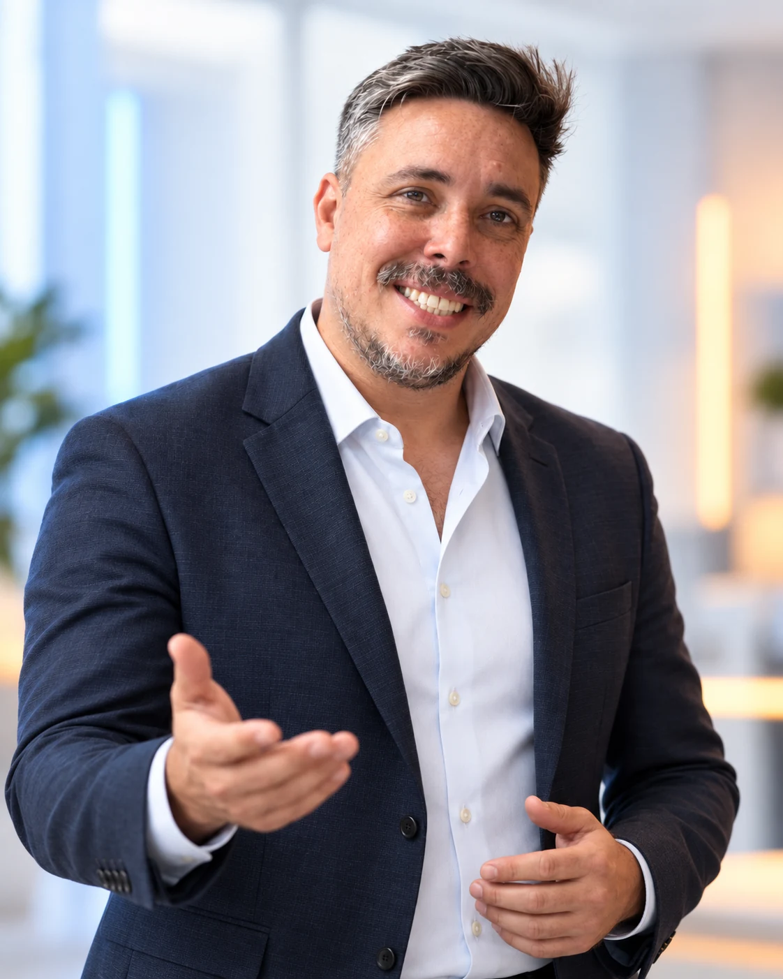 Rodrigo Bianco sorrindo e apresentando uma ideia