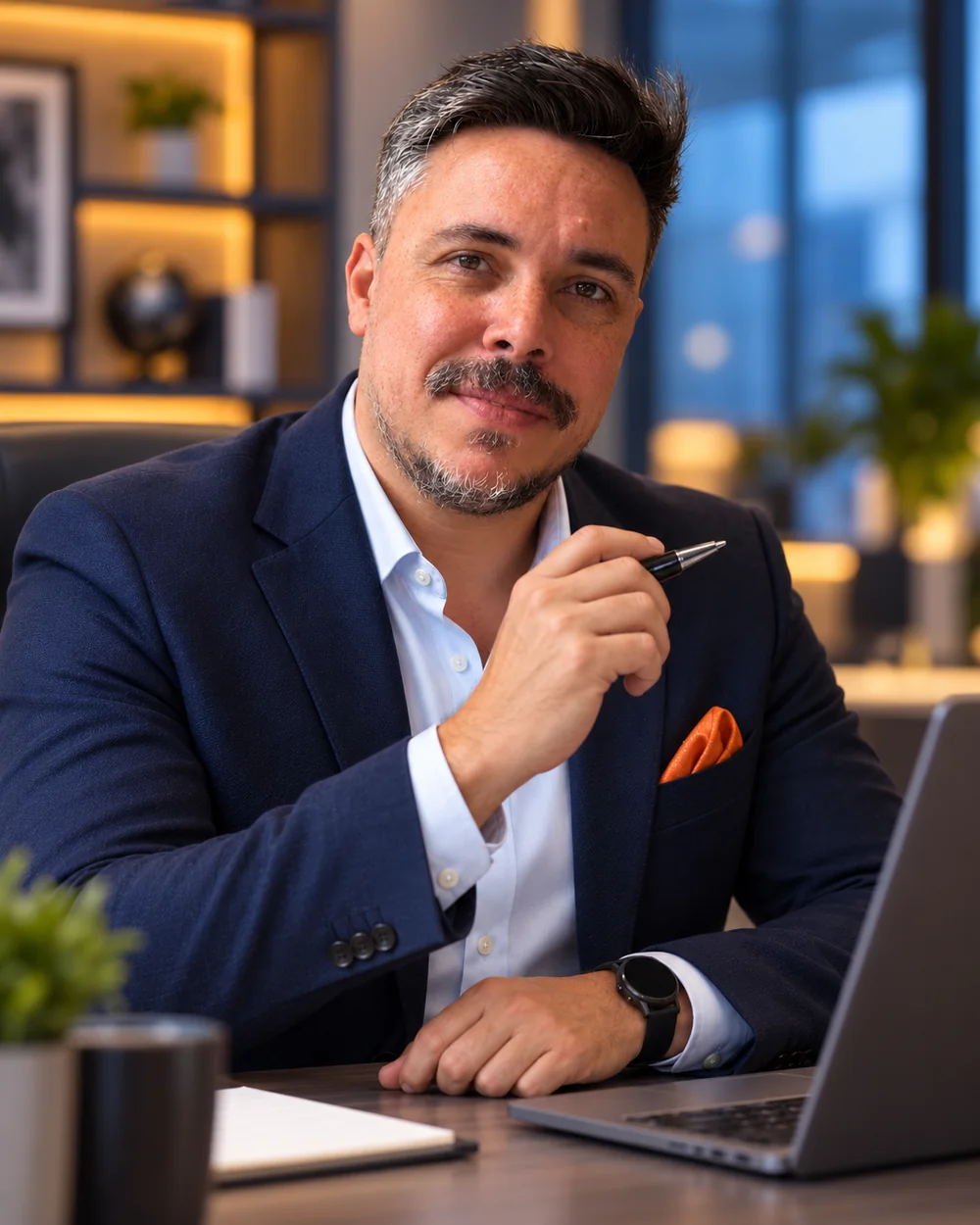 Rodrigo Bianco, com uma caneta em mãos, pronto para conversar sobre o negócio