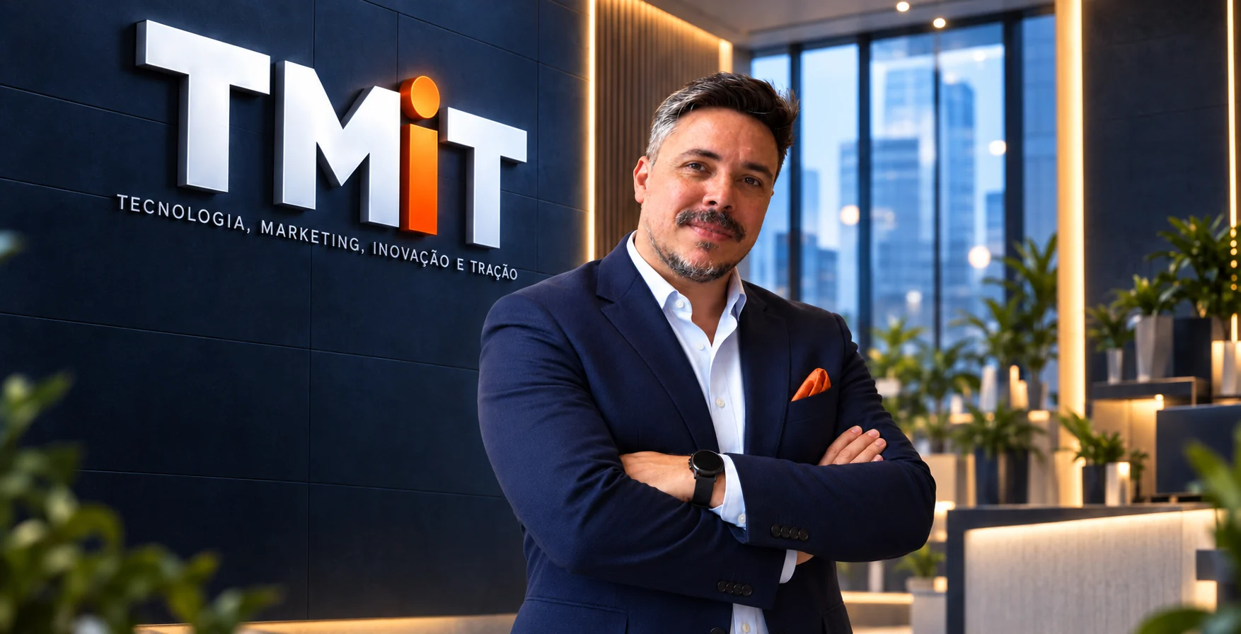 Rodrigo Bianco, de braços cruzados, ao lado do logo TMiT em um ambiente corporativo