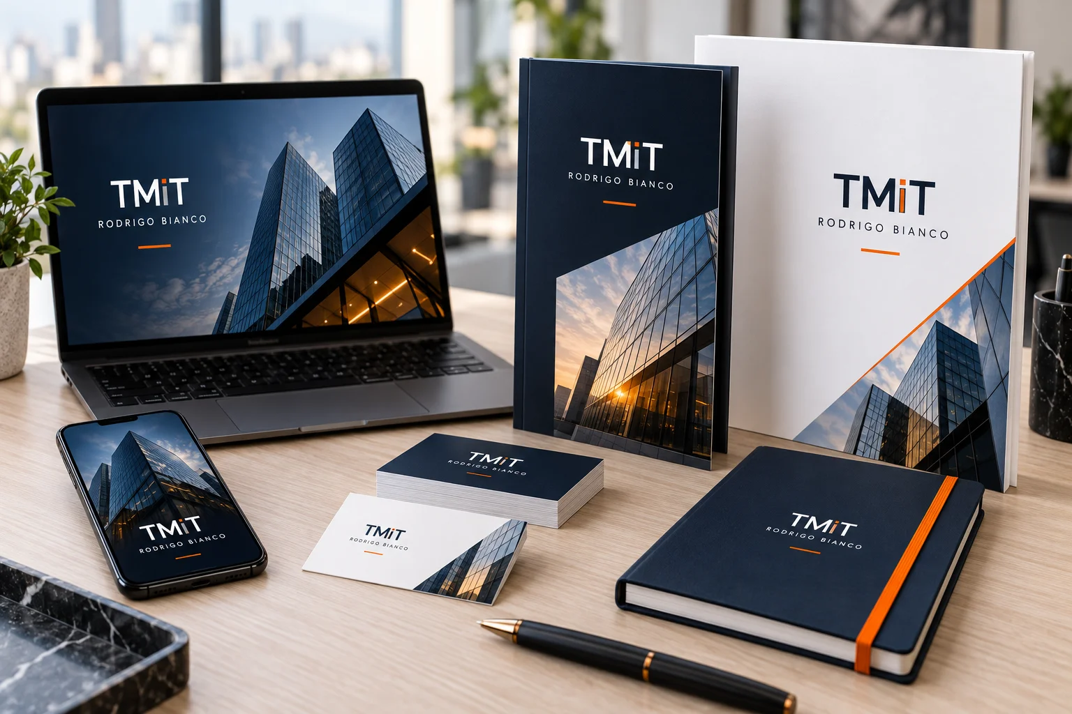 Composição ilustrativa de identidade TMiT: notebook, celular, folders e cartões em azul-marinho, branco e laranja